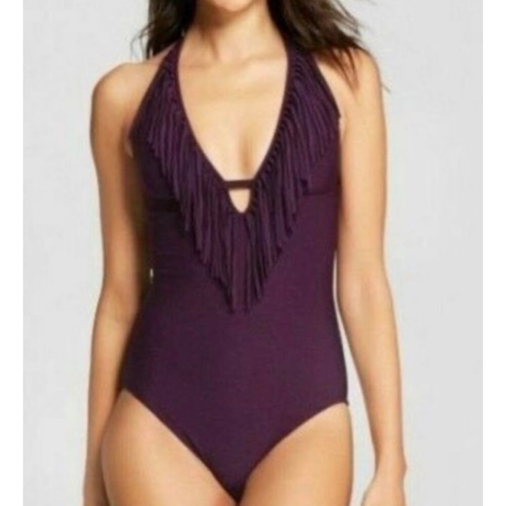 Mossimo Halter plum purple fringe one piece bathing suit NWT v neck swim Small